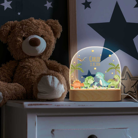 Dziecięca lampka nocna LED z drewnianą podstawką - „Grupa Dinozaurów”