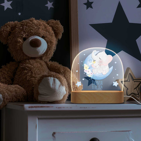 Dziecięca lampka nocna LED z drewnianą podstawką - „Księżycowe zwierzęta”