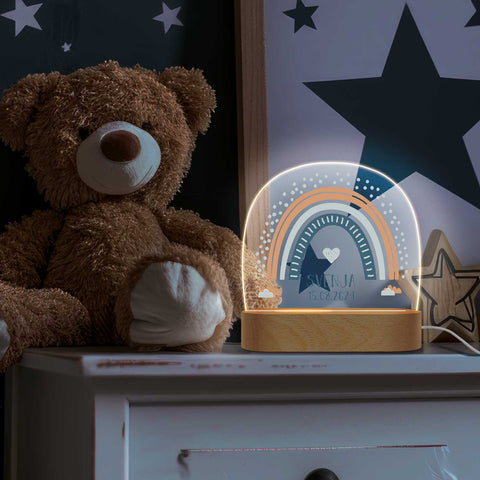 Veilleuse LED enfant avec socle en bois au design arc-en-ciel