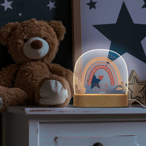Veilleuse LED enfant avec socle en bois au design arc-en-ciel