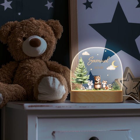 Veilleuse LED enfant avec socle en bois - "Amis de la forêt"