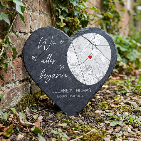 Bedrucktes Schieferherz - Wo alles begann - Personalisiertes Geschenk