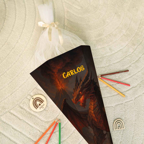 Bedruckte Schultüte mit Namen - Feuerdrache