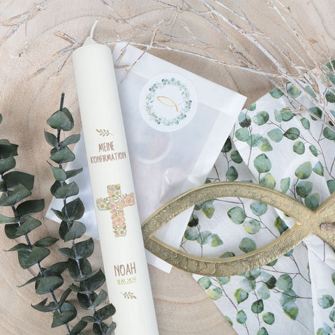 Cierge "Croix Fleurs" - Cierge de communion avec nom et date