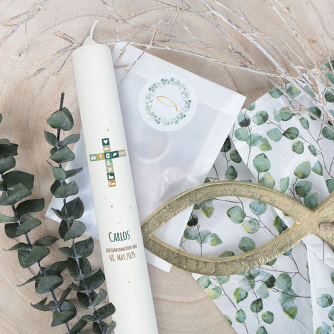 Cierge «Symboles de croix» - Bougie de communion avec nom et date