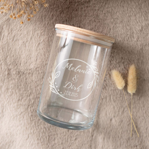 Bocal de conservation gravé avec couvercle en bois - Pour le mariage