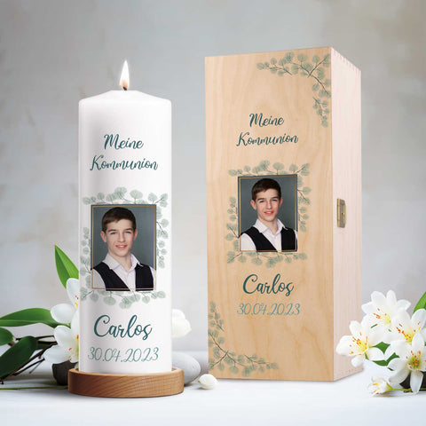 Große Kerze "Konfirmation, Kommunion & Taufe" mit Foto, Namen, Datum und Wunschtext