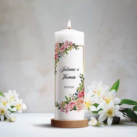 Duża świeca „Floral Golden” – Świeca ślubna z imionami, datą i dowolnym tekstem