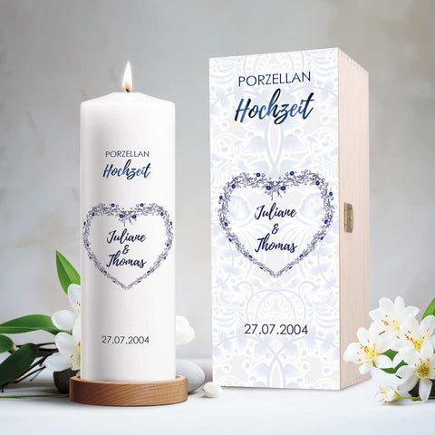 Duża świeca „Porcelanowe Gody” – świeca ślubna z imionami, datą i dowolnym tekstem