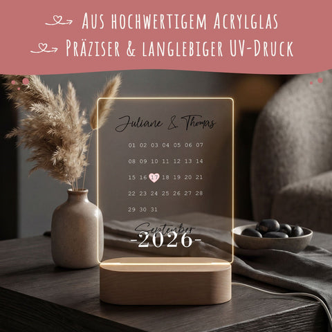 Plexiglas lumineux - Calendrier - Cadeau personnalisé avec nom et date
