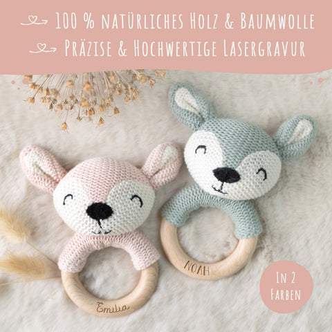 Grawerowany drewniany gryzak z pluszową zabawką Jollein - głowa zwierzęcia