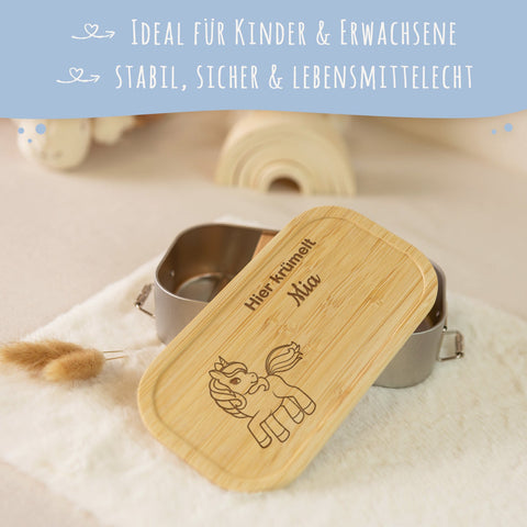 Boîte à goûter avec couvercle gravé pour enfants motif "Petite Licorne"