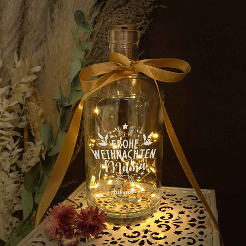 Lampka butelkowa z łańcuchem świetlnym LED z motywem „Wesołych Świąt Mamo” - Personalizowana imieniem