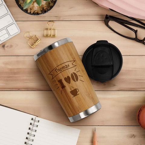 Kaffeebecher aus Bambus mit Gravur - Verschiedene Motive mit eigenem Namen eFinesse