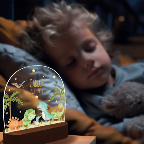 Dziecięca lampka nocna LED z drewnianą podstawką - „Grupa Dinozaurów”