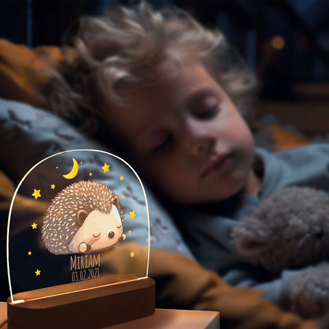Veilleuse LED pour enfants avec socle en bois, design hérisson