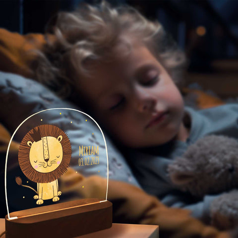 Veilleuse LED pour enfants avec socle en bois, motif lion