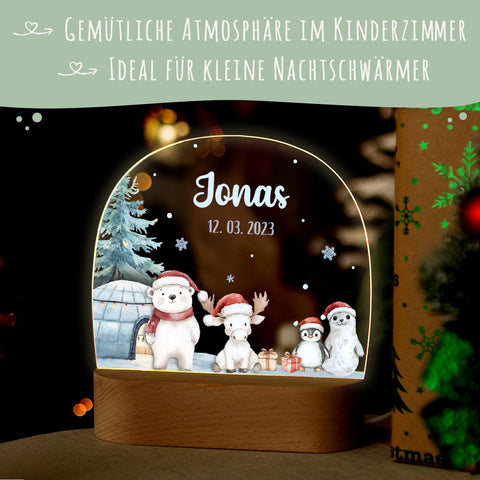 Dziecięca lampka nocna LED z drewnianą podstawą – „Biegun Północny”