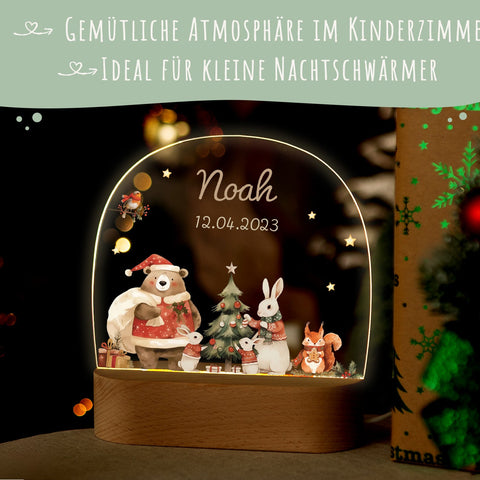 Dziecięca lampka nocna LED z drewnianą podstawą – „Sweterkowe zwierzątka”