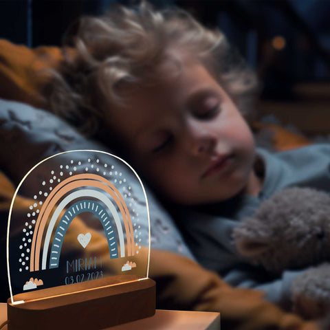Veilleuse LED enfant avec socle en bois au design arc-en-ciel