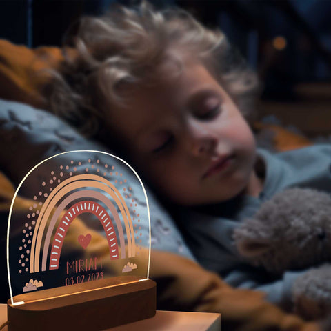 Veilleuse LED enfant avec socle en bois au design arc-en-ciel