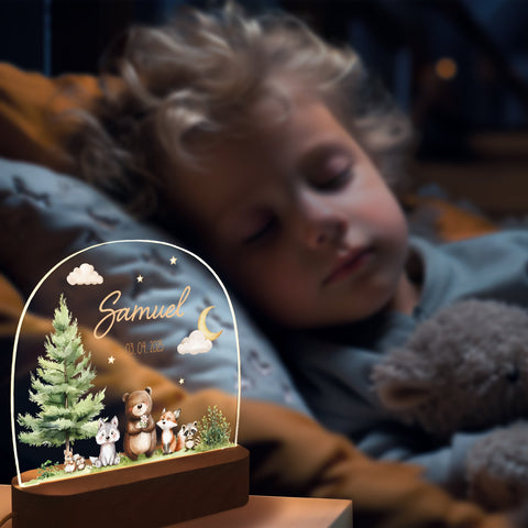 Veilleuse LED enfant avec socle en bois - "Amis de la forêt"