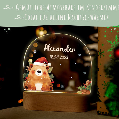 Dziecięca lampka nocna LED z drewnianą podstawą - „Zwierzęta bożonarodzeniowe”