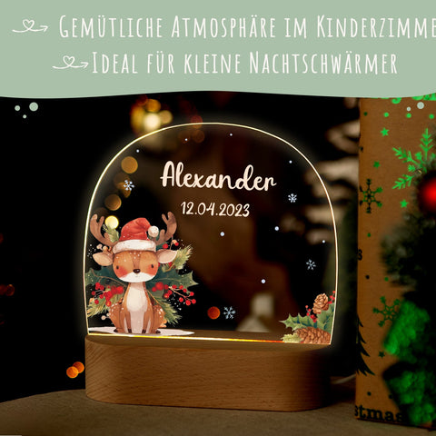 Dziecięca lampka nocna LED z drewnianą podstawą - „Zwierzęta bożonarodzeniowe”