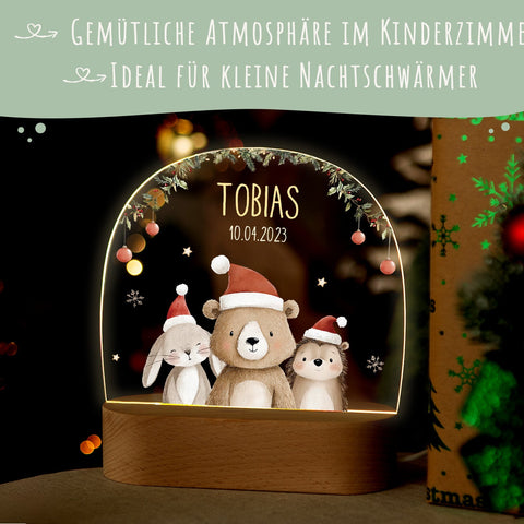 Dziecięca lampka nocna LED z drewnianą podstawą – „Świąteczne trio”