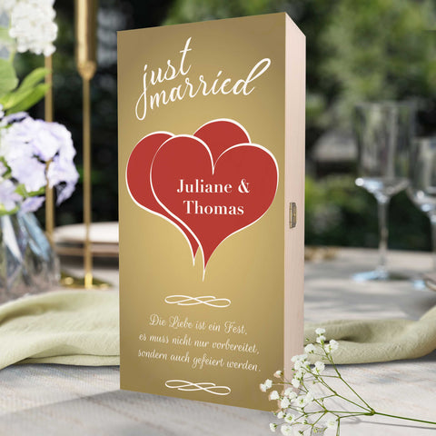 Zestaw kieliszków do Prosecco Leonardo „Just Married” z grawerowaną drewnianą skrzynką