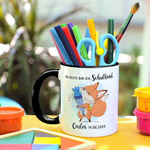 Bedruckte Tasse mit Spruch "Schulkind" - personalisiert mit Name und Datum