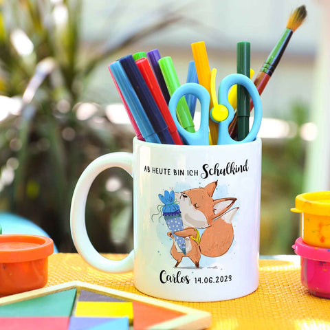 Bedruckte Tasse mit Spruch "Schulkind" - personalisiert mit Name und Datum