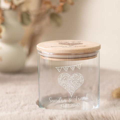 Bocal de conservation gravé avec couvercle en bois - Pour le mariage