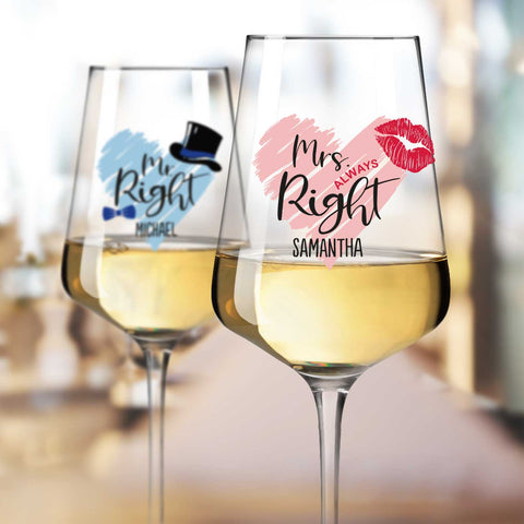 Kieliszki do wina Leonardo Mr Right & Mrs Always Right z nadrukiem UV w zestawie