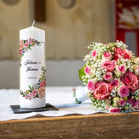 Grande bougie "Floral Golden" - Bougie de mariage avec prénoms, date et texte personnalisé