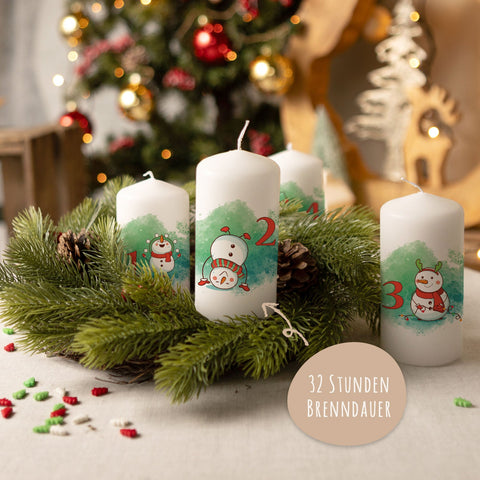 Kleine Kerzen - Advent Schneemann - Adventskerzen im 4er Set