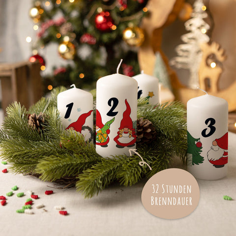 Petites bougies de l'Avent lutins - Bougies de l'Avent en lot de 4