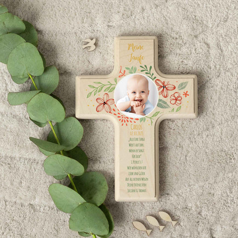 Personalizowany drewniany krzyż na chrzest, bierzmowanie lub komunię - Z własnym zdjęciem - Wianek z kwiatów