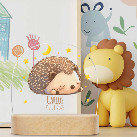 Veilleuse LED pour enfants avec socle en bois, design hérisson