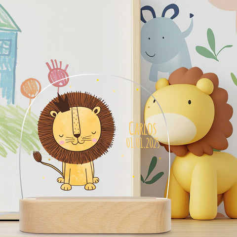Veilleuse LED pour enfants avec socle en bois, motif lion