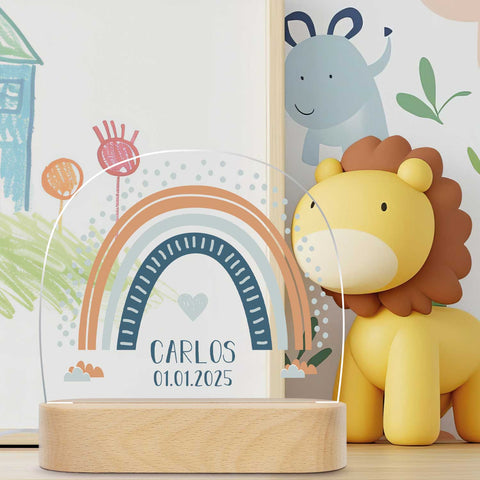 Veilleuse LED enfant avec socle en bois au design arc-en-ciel