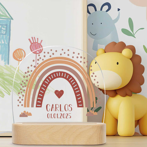 Veilleuse LED enfant avec socle en bois au design arc-en-ciel