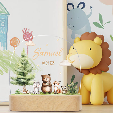 Veilleuse LED enfant avec socle en bois - "Amis de la forêt"