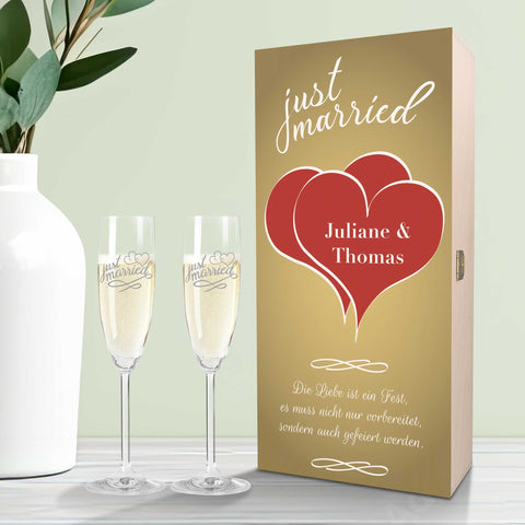 Zestaw kieliszków do Prosecco Leonardo „Just Married” z grawerowaną drewnianą skrzynką