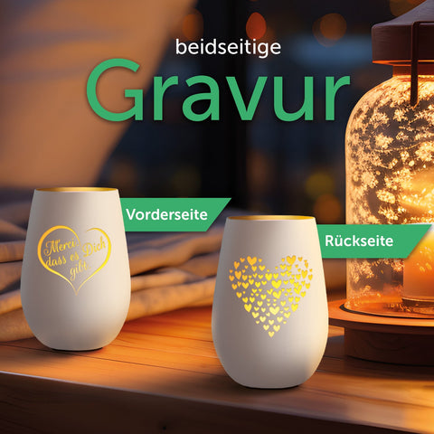 Deko Windlicht aus Glas mit Gravur - Merci dass es Dich gibt - Beidseitig graviertes Herzmotiv