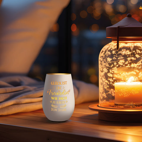 Deko Windlicht aus Glas mit Gravur - Glück ist eine Freundin wie Dich zu haben - Personalisiert mit
