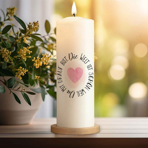 Bedruckte große Kerze "Die Welt ist schön" - Paarkerze zum Valentinstag