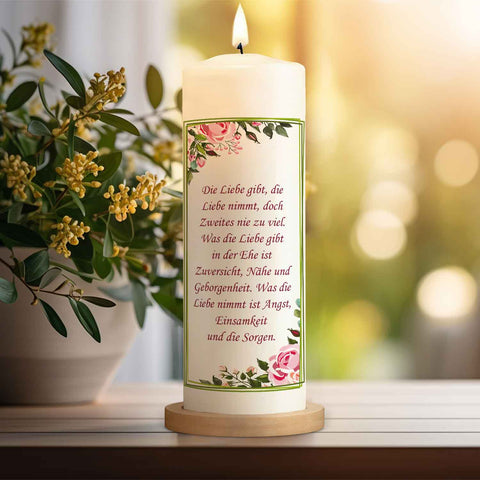 Grande bougie « Green Flower » – Bougie de mariage avec prénoms, date et texte personnalisé