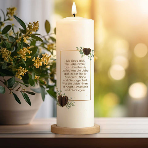 Große Kerze "Hölzerne Hochzeit" - Hochzeitskerze mit Namen, Datum & Wunschtext