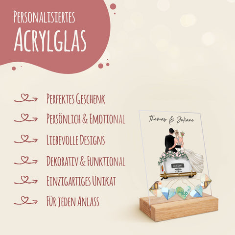 Hochzeitsauto auf Acrylglas - Personalisiertes Geldgeschenk zur Hochzeit